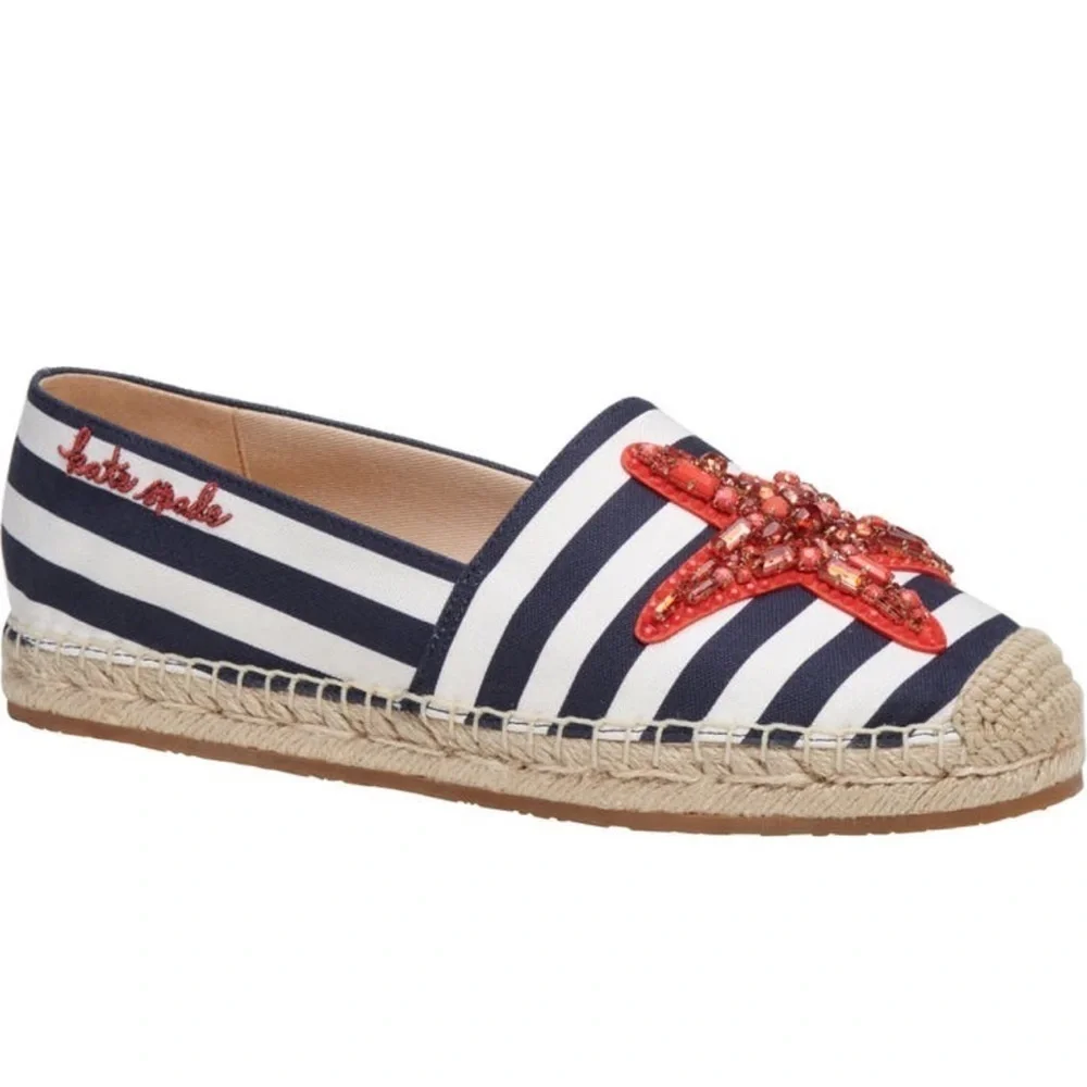 🆕 🦀kate spade new york Red Crystal Starfish Blue Whit Canvas Strip Espadrille